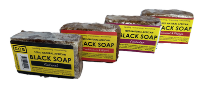 Auhtentic raw, unrefined african black soap made with all natural ingredients. Helps with acne, eczema, psoriasis.  Beneficial to use on skin and hair.