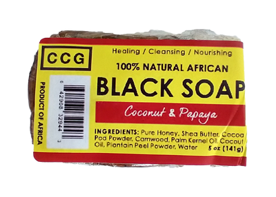 Auhtentic raw, unrefined african black soap made with all natural ingredients. Helps with acne, eczema, psoriasis. Beneficial to use on skin and hair.