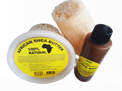 Set containing authentic African black soap, loofah and pure raw unrefined african shea butter.